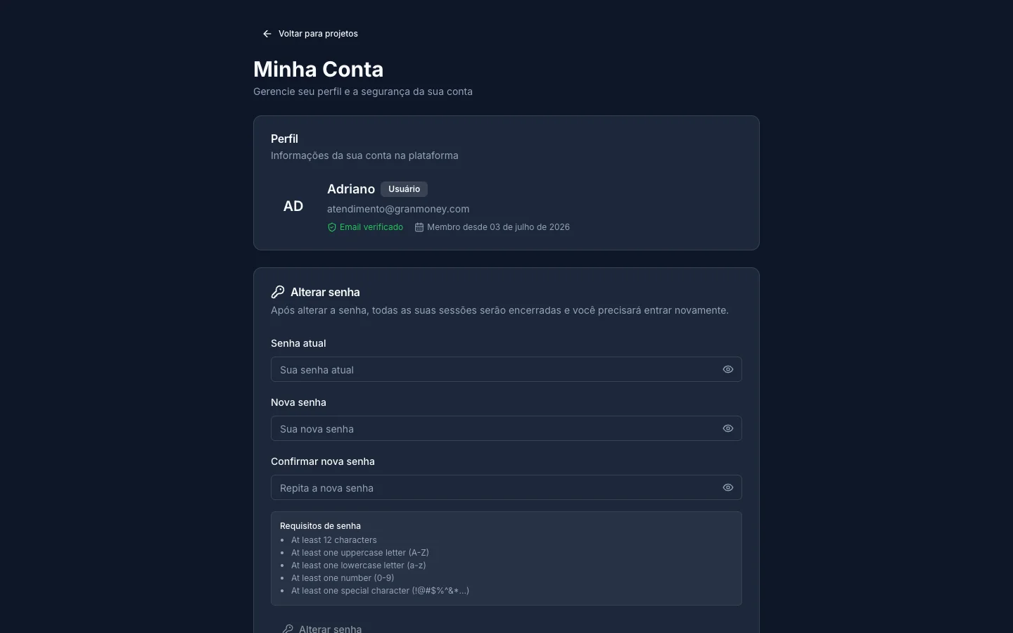 Tela Minha Conta da BIA, com perfil verificado, alteração de senha e a lista de requisitos mínimos de senha