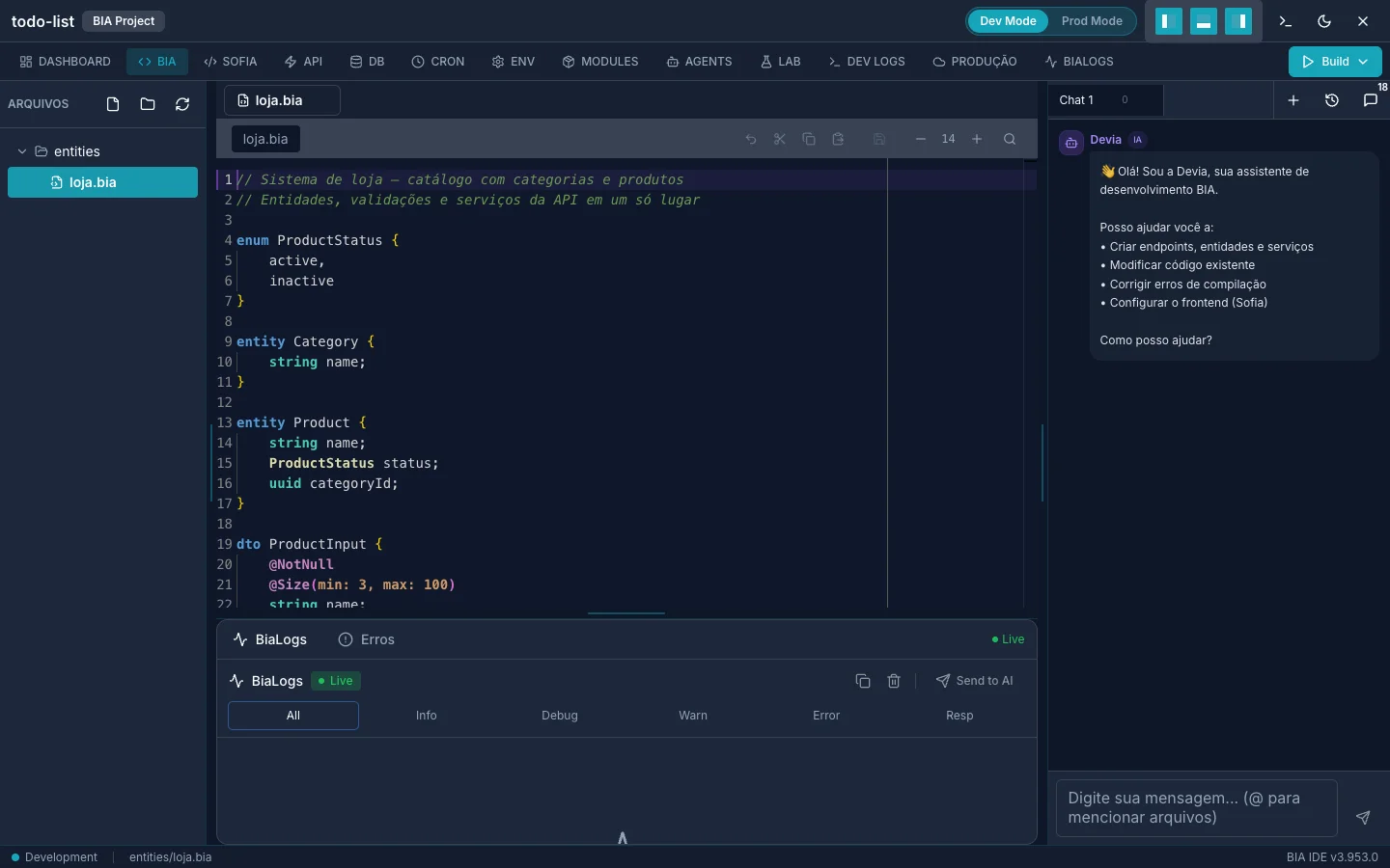 IDE da BIA no navegador: código real de um sistema no editor, chat da assistente Devia à direita e registros ao vivo (BiaLogs) na parte inferior com botão Send to AI
