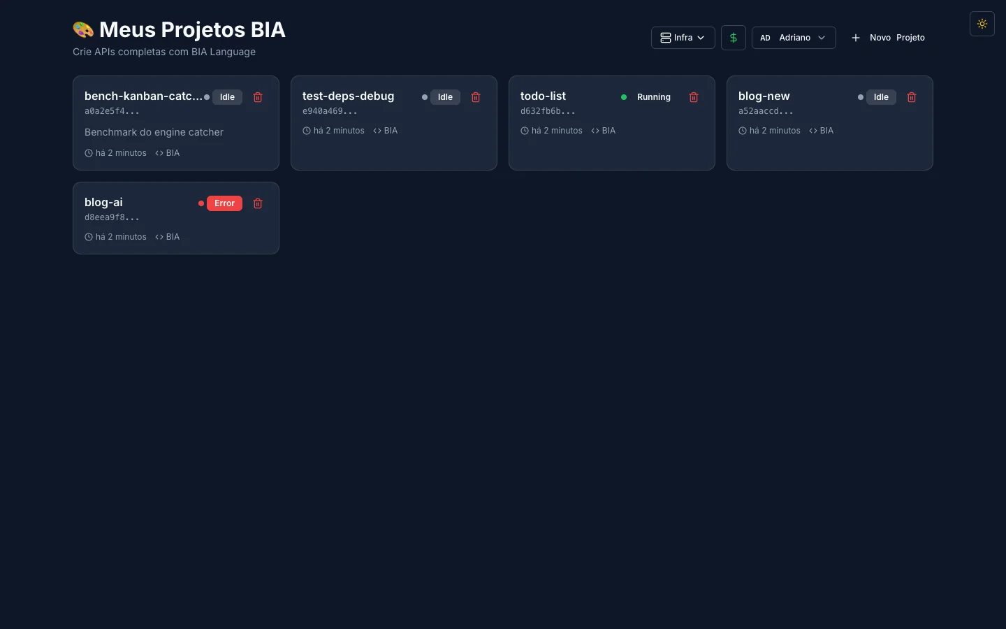 Tela Meus Projetos da BIA com vários projetos em cards, cada um com status ao vivo — Running, Idle ou Error — e acesso com um clique